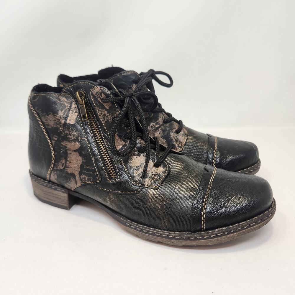 Remonte Black Metallic Leather Ankle Boots Women Size 39 US 8 Side Zip Comfort
